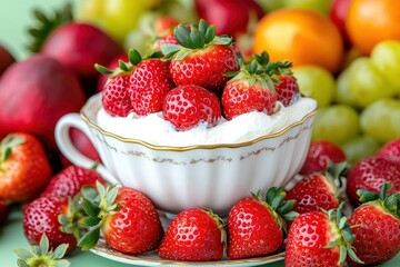 A vintageinspired teacup filled with strawberries and cream