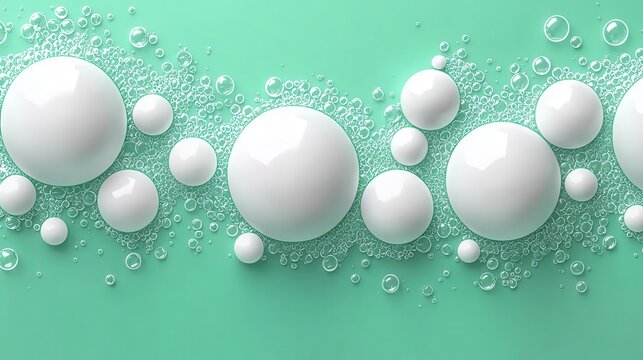 Close-up of white bubbles on a mint green background, creating a refreshing and vibrant visual effect.
