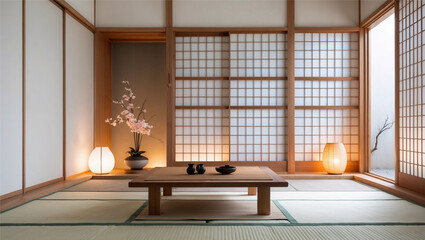 Experience the serenity of traditional Japanese interior design with a harmonious blend of natural materials, soft lighting, and minimalist aesthetics. The tatami flooring, shoji screens, and wooden f