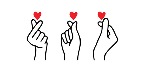Vector illustration of hands making a Korean heart gesture with a small red heart, symbolizing love, happiness, and affection. Perfect for Valentine’s Day, greeting cards, banners, posters.