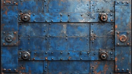 A bold dark blue industrial wall with layered steel plates and structured depth.