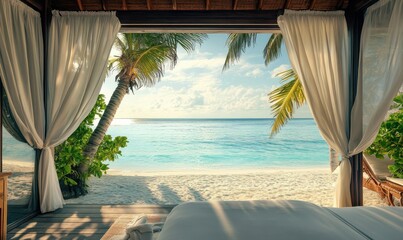 Obraz premium Luxurious Bedroom Overlooking Sunny Beach with Clear Waters and Gentle Palm Trees