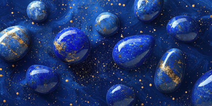 Floating lapis lazuli stones with golden specks on a rich royal blue background