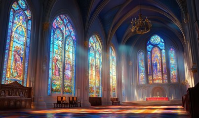 Fototapeta premium Majestic cathedral interior with vibrant stained glass windows.
