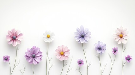 Delicate pastel flowers on white background create a serene and elegant floral arrangement for decorative purposes.