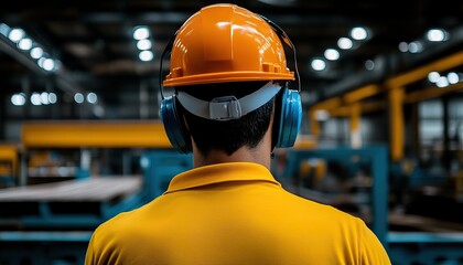 A worker in an orange hard hat and blue headphones stands in a warehouse, ready for a safe and productive work environment.
