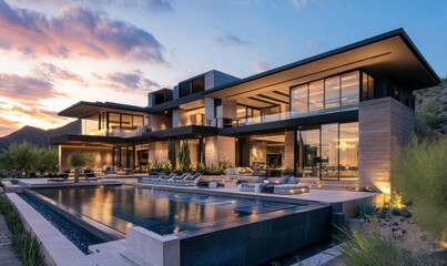 Fototapeta premium Modern Luxury Home with Solar Panels at Dusk