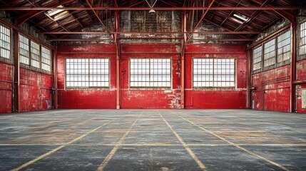 A bright red metallic warehouse setting with deep textures and symmetrical patterns.