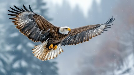 Fototapeta premium Majestic eagle soaring, wings spread wide, snowy scene.