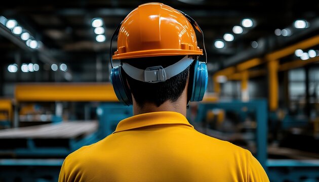 A worker in an orange hard hat and blue headphones stands in a warehouse, ready for a safe and productive work environment.