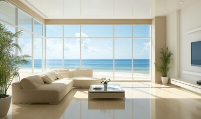 Fototapeta premium Modern Minimalist Living Room with Beige Tones and Large Windows