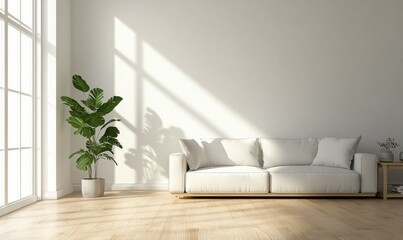Naklejka premium Modern minimalist living room with natural light and soft furnishings in an urban apartment
