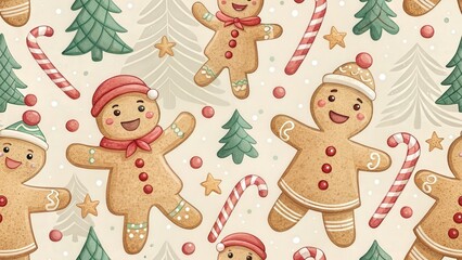 Adorable Digital Art  of Cute Desserts. Cheerful gingerbread figures amidst festive trees and candy canes on a light background. seamless background.