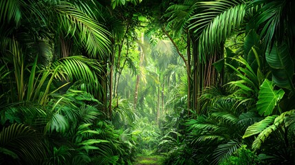 Lush Green Tropical Rainforest With Sunlight Path