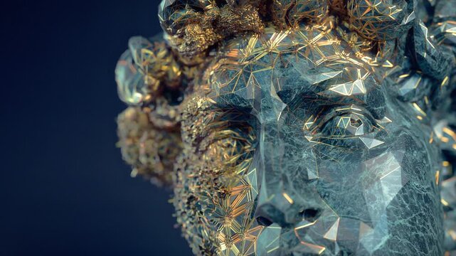 Close-up animation of an abstract marble sculpture with shiny silver and gold accents set against a dark blue background