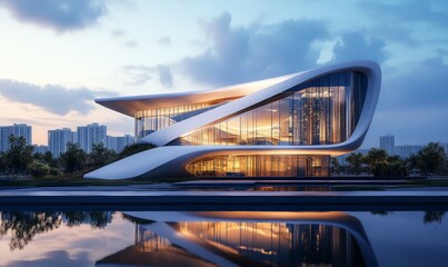 Naklejka premium Modern Office Facade, Architectural Design and City Reflection at Dusk