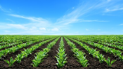 Rows of Green Crops in a Vast Farm Field Under a Bright Blue Sky