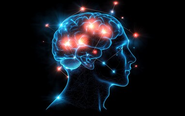 Human head with illuminated brain areas, visualizing neurofeedback and mindfulness meditation, focus enhancement, digital brain function illustration, healthy brain activity