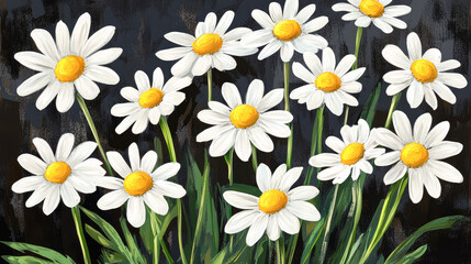 Obraz premium Vibrant white daisies with yellow centers on a dark backdrop
