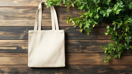 Eco Friendly Cotton Tote Bag Mockup on Rustic Brown Wooden Background with Green Greenery Natural Sustainable Shopping Bag Design Template earth style