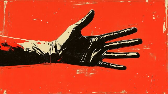 Bloody hand, outstretched, red background, stark image.