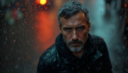 Obraz premium portrait of a man on the street of a night city, it's raining, street lights are reflected, raindrops, gloomy surroundings at dusk