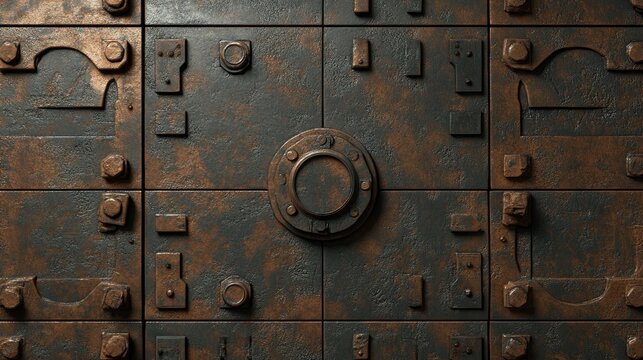 A dark brown metallic industrial wall with aged steel plates and deep structural patterns.