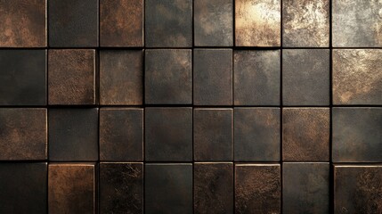 A dark brown metallic industrial wall with structured engravings and shadows.