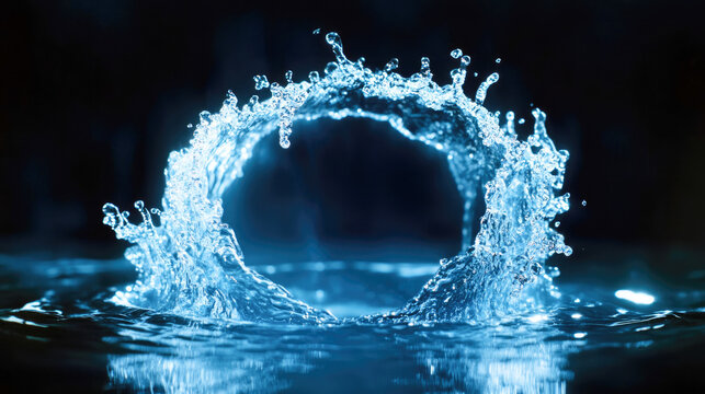 Dynamic splash of water forming a circular wave with glowing blue light