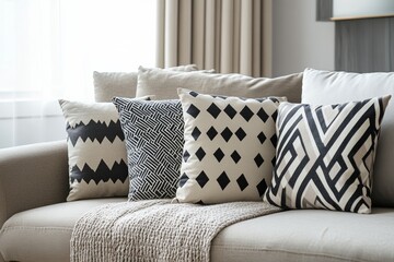 This modern living room features a stylish sofa adorned with geometric-patterned pillows in black and white. A neutral throw blanket adds warmth, enhancing the inviting space