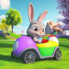 Adorable rabbit driving a playful toy car decorated with easter eggs in a colorful and whimsical scene for kids