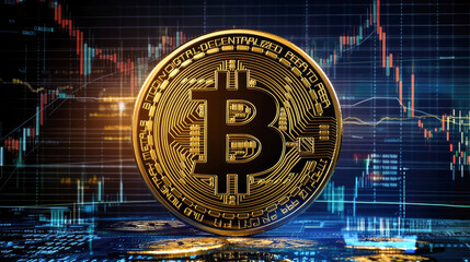 Golden bitcoin coin with digital financial charts and data background