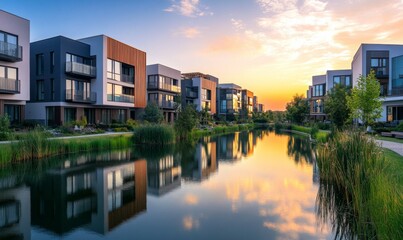Fototapeta premium Modern residential complex with serene water reflections during sunset in a tranquil setting