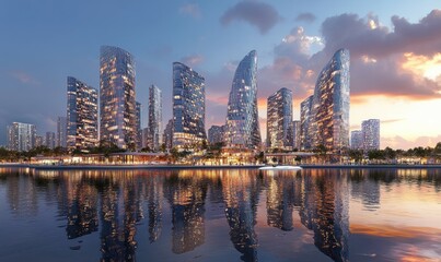 Obraz premium Modern Skyscrapers Reflecting Sunset in Business District