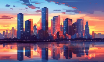 Fototapeta premium Modern Skyscrapers Reflecting Sunset in Business District