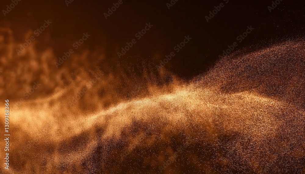 Poster golden dust explosion in dark space, abstract glowing powder particles in motion, warm light effect 