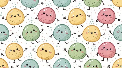 Adorable Digital Art  of Cute Desserts. Cute cartoon colorful characters with happy expressions on a whimsical background. seamless background.