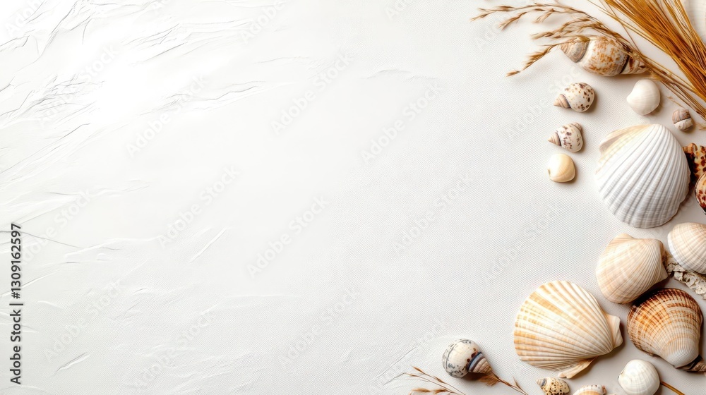 Poster photo of a white fabric background with beige and cream accents, adorned with dried grasses, shells,