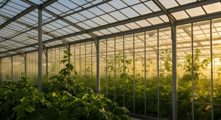 Fototapeta premium Modern greenhouse interior with rows of growing plants. Agricultural technology for sustainable farming. Glass roof and walls for controlled environment and sunlight exposure