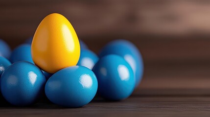 Photo of a single yellow egg standing out from blue eggs on the left side