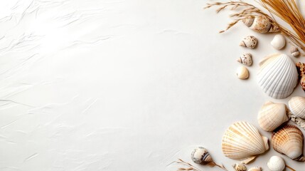Obraz premium Photo of a white fabric background with beige and cream accents, adorned with dried grasses, shells, and small rocks for an elegant touch Web banner with copy space on the right