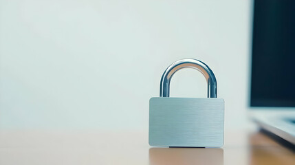 Fototapeta premium Silver Padlock on Wooden Desk Beside a Laptop with White Background for Security Concept