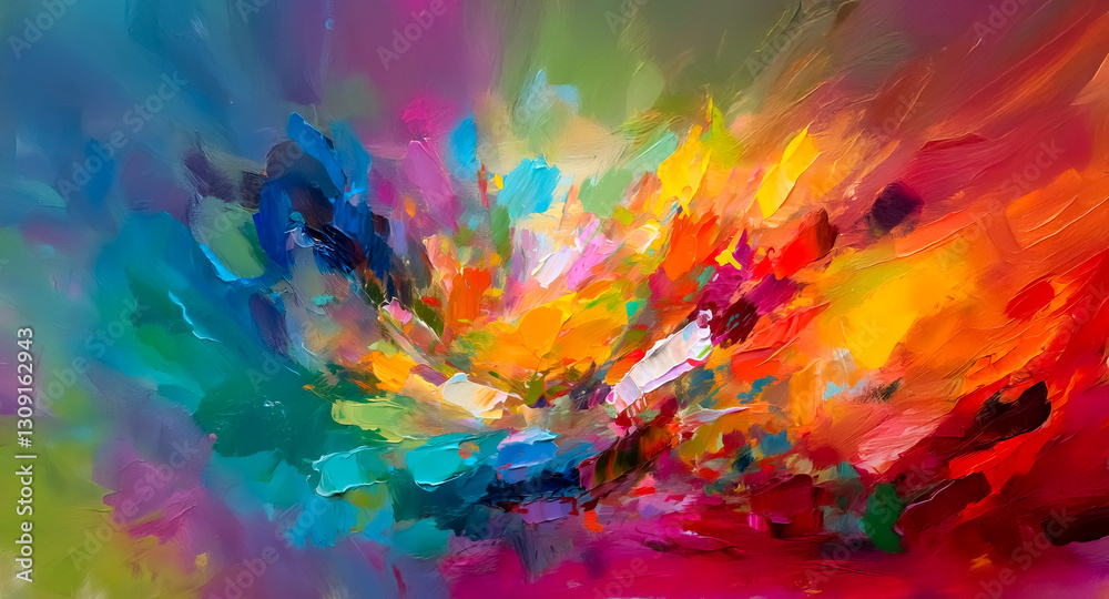 Poster vibrant abstract painting featuring a dynamic explosion of multicolored brushstrokes. expressive and