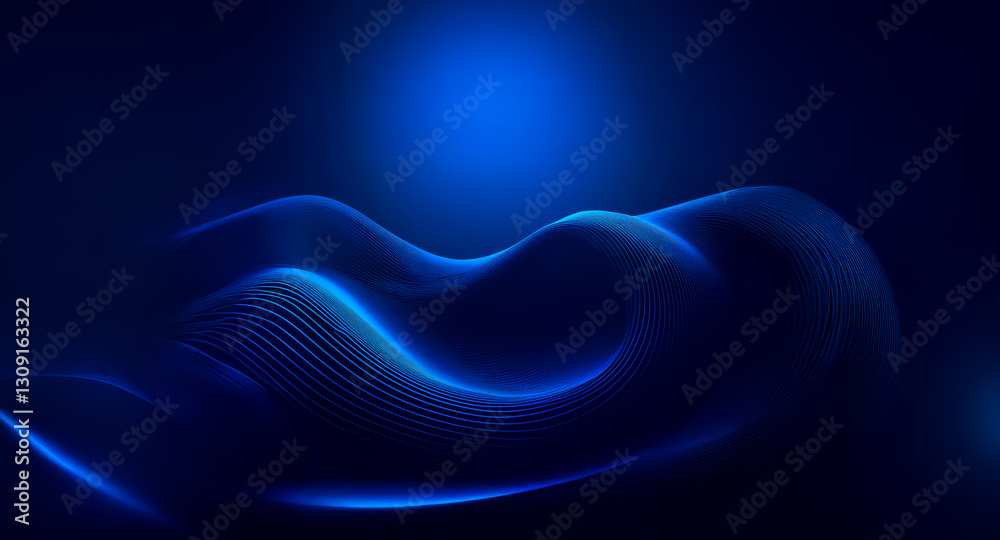 Wall mural abstract blue waves gracefully undulate against a dark backdrop. illuminated lines create depth and 
