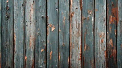 Naklejka premium Close-up of aged, weathered wooden planks with chipped paint and peeling varnish, showcasing rich texture and rustic character, ideal for nostalgic projects like scrapbooking or junk journaling.