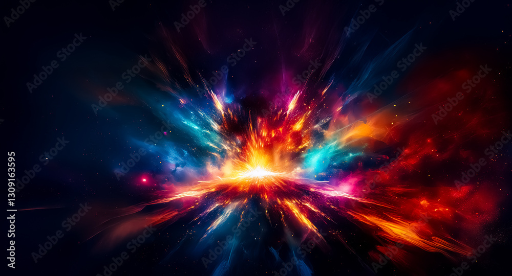 Poster Abstract burst of vibrant colors exploding outwards in a cosmic expanse.  Dynamic energy radiates from a central point, creating a nebula-like effect against a dark backdrop.