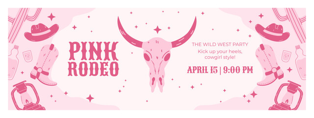 Wild West-themed horizontal banner featuring cowgirl elements such as boots, hats, cacti, lanterns, and a bull skull. Perfect for event promotions, party decor, and Western-inspired celebrations.
