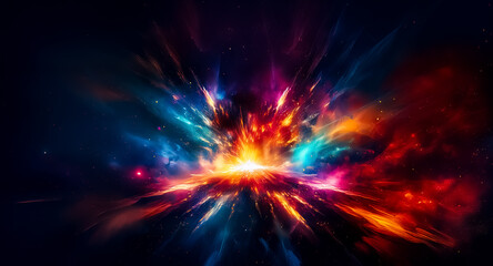Abstract burst of vibrant colors exploding outwards in a cosmic expanse.  Dynamic energy radiates from a central point, creating a nebula-like effect against a dark backdrop.