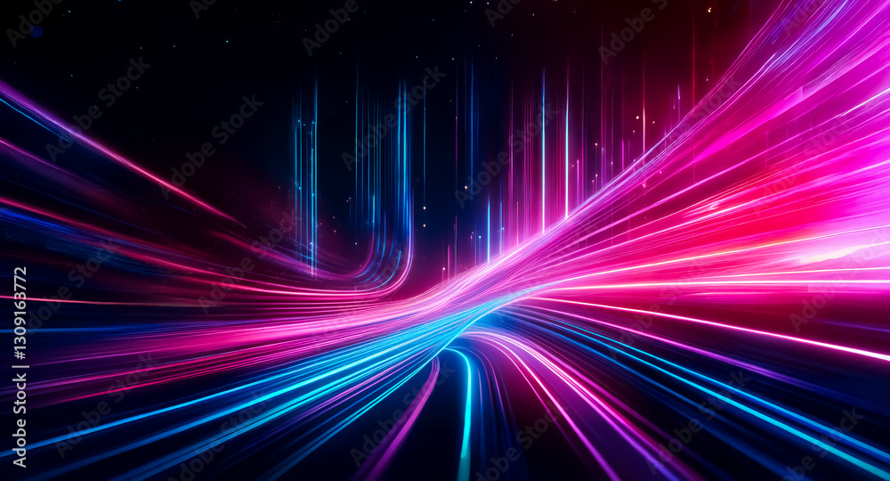 Poster vibrant streaks of pink and blue light converge and flow across a dark background, creating a dynami