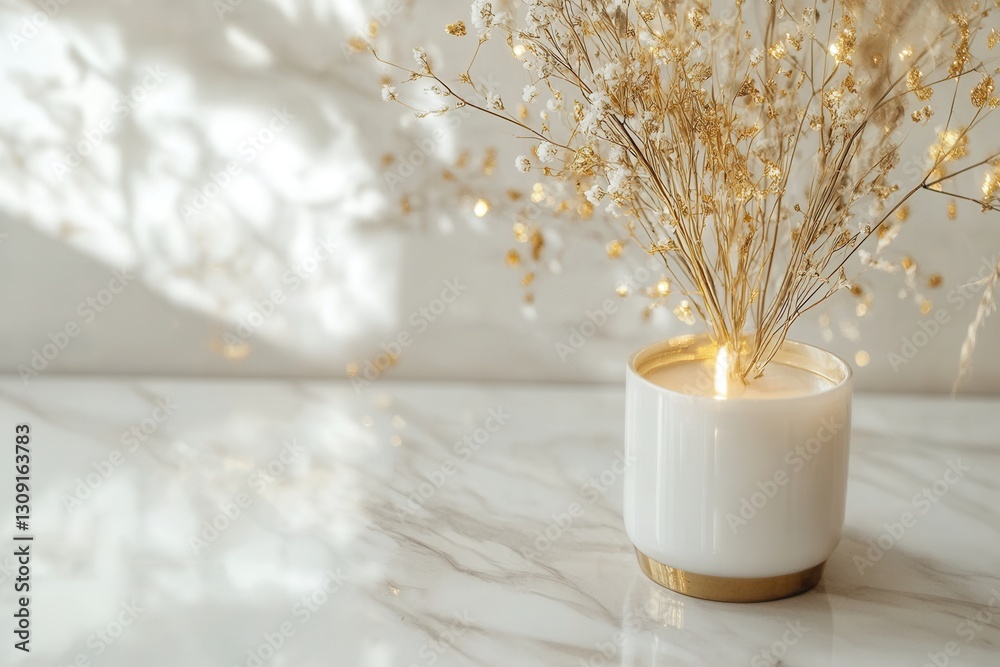 Poster elegance of golden accents on white marble texture with a candle and delicate floral arrangement cre